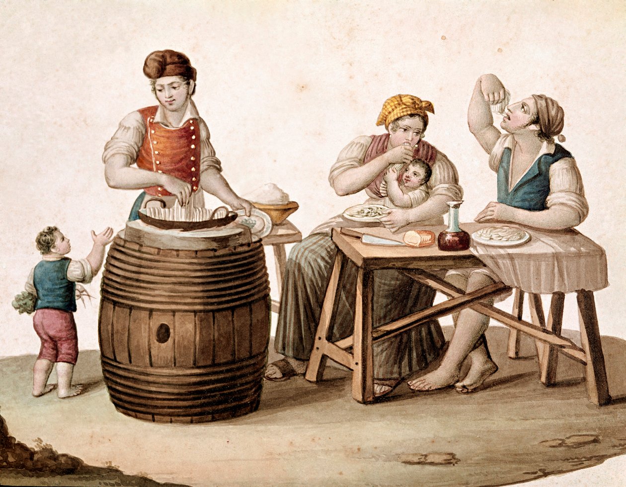 Pequeno metier napolitano: um vendedor de maccheroni, ao seu lado uma família à mesa a comer com as mãos - (comércio antigo: vendedor de maccheroni, e clientes a comer massa italiana) Aguarela do Museo Nazionale di San Martino de Nápoles do século XIX de Italian School
