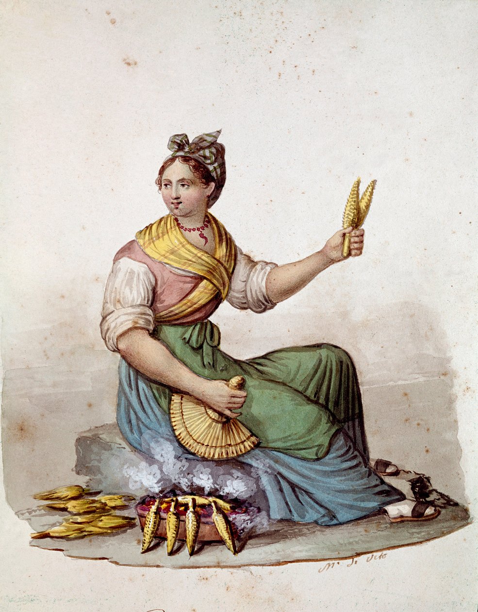 Pequeno metier napolitano: uma vendedora de grelhas de milho - (Comércio antigo: vendedor de milho grelhado) Watercolour Museo Nazionale di San Martino Nápoles do século XIX de Italian School