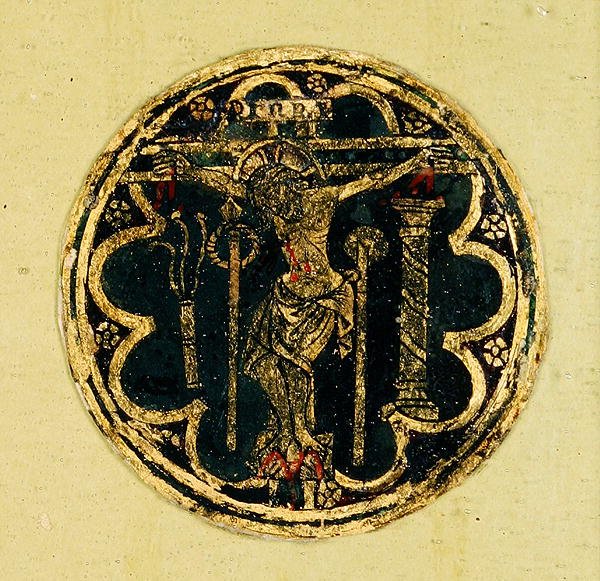 Pequeno painel com um redondo do Crucifixo (vidro pintado) de Italian School