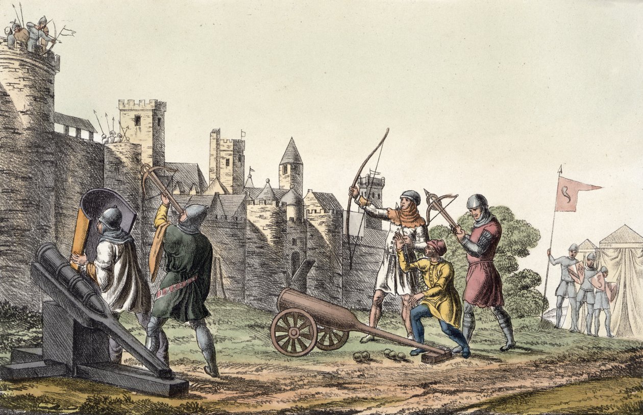 Soldados e Artilharia do século XV, placa 16 da História das Nações (aquatint) de Italian School