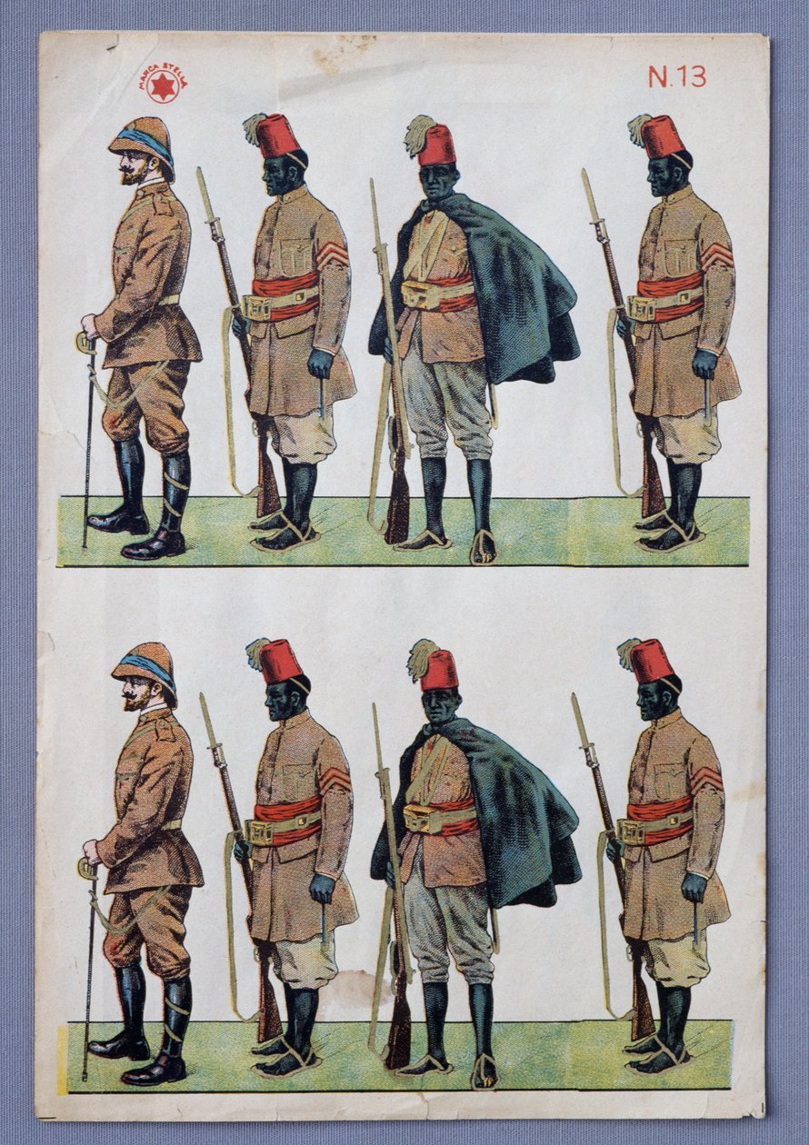 Soldados com uniformes Ascari, soldados recortados em papel, impressão litográfica dourada, feita por Stella, Itália, século XX de Italian School