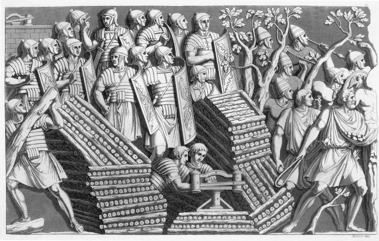 Soldados, possivelmente construindo uma ponte de pontão ou motor de cerco, possivelmente da Coluna de Trajans, da alfândega dos romanos, c.1800-10 (gravura e aquatinta) de Italian School