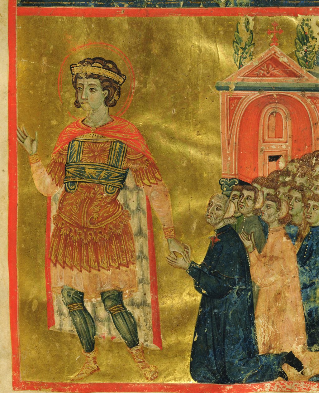 Alguns irmãos rezando para St. Theodore, de uma Mariegola, 1350 (tinta e folha de ouro sobre velino) de Italian School