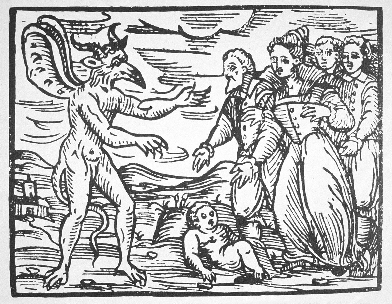 Feiticeiros apresentando uma criança ao diabo, do Compendium Maleticarum pelo padre M Guaccius (1608) ilustrado em uma história da magia publicada no final do século XIX de Italian School