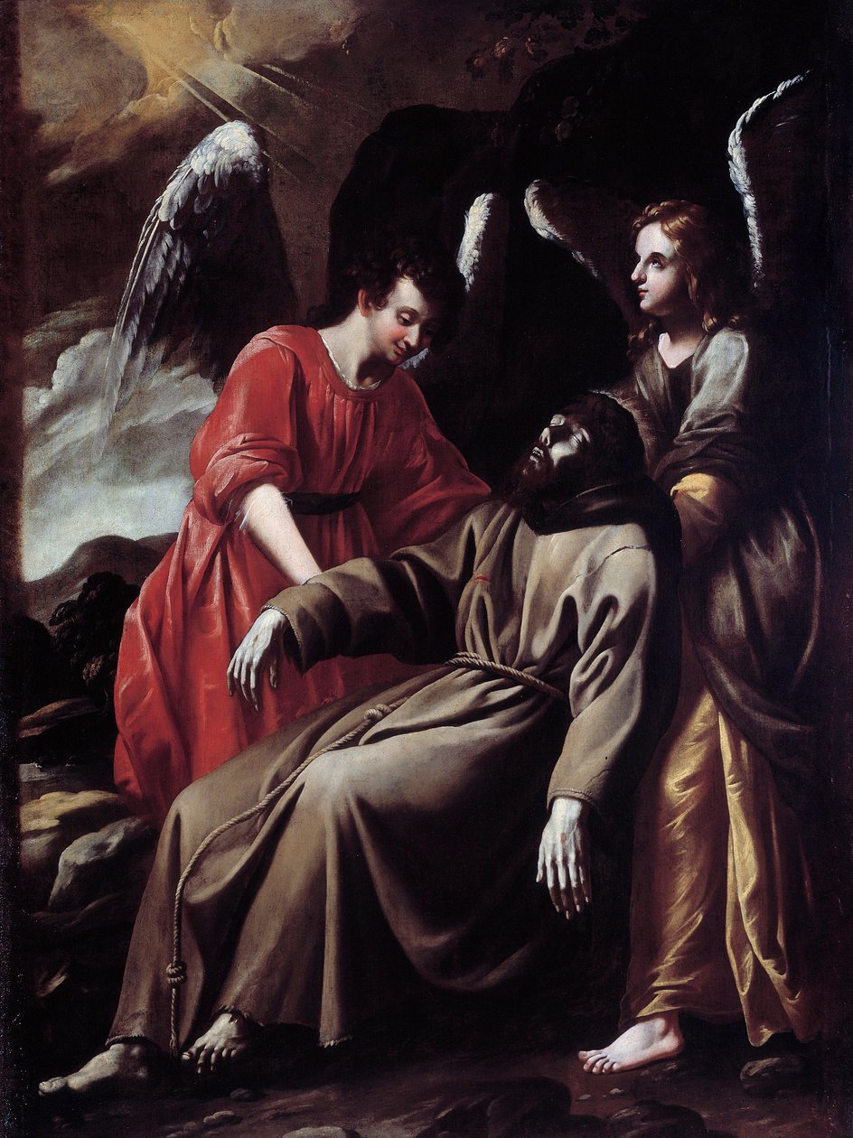 São Francisco de Assis confortado pelos anjos depois de ter recebido os estigmas (Pintura de Italian School
