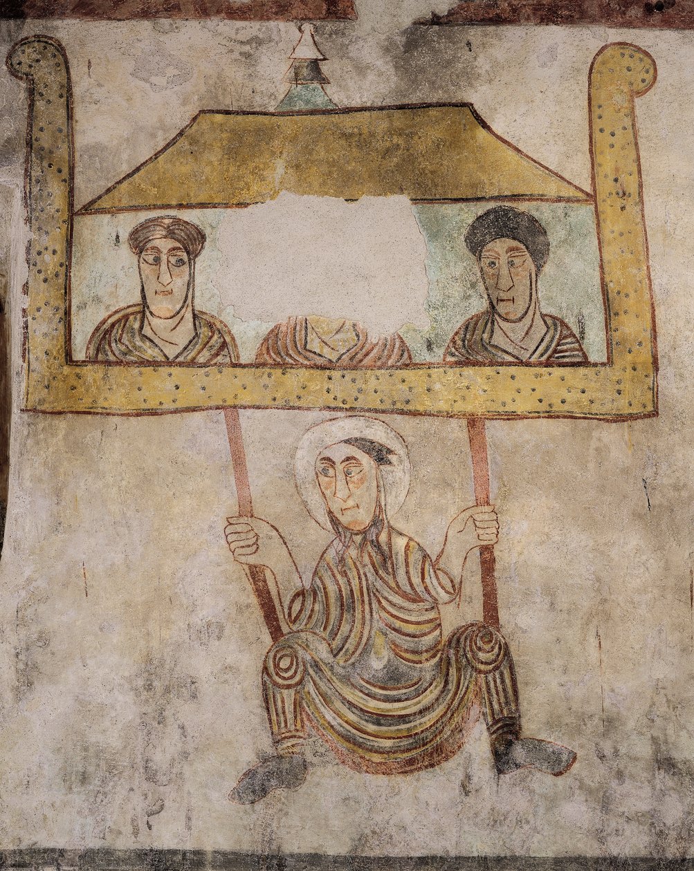 São Próculus balançando na corda, detalhe de afrescos (século VIII), Igreja de São Próculus, Naturno, Val Venosta, Trentino-Alto Adigel, Itália de Italian School