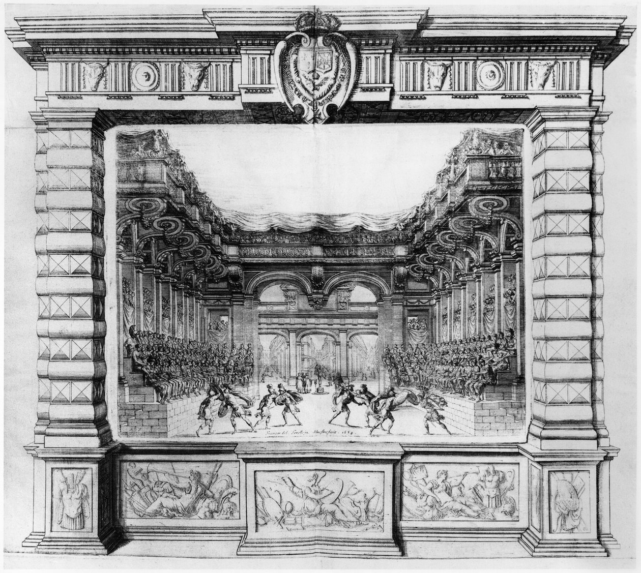 Design de palco de Giacomo Torelli (1608-78) para a Finta Pazza realizada em 1645 no Teatro Petit Bourbon em Paris, 1654 de Italian School