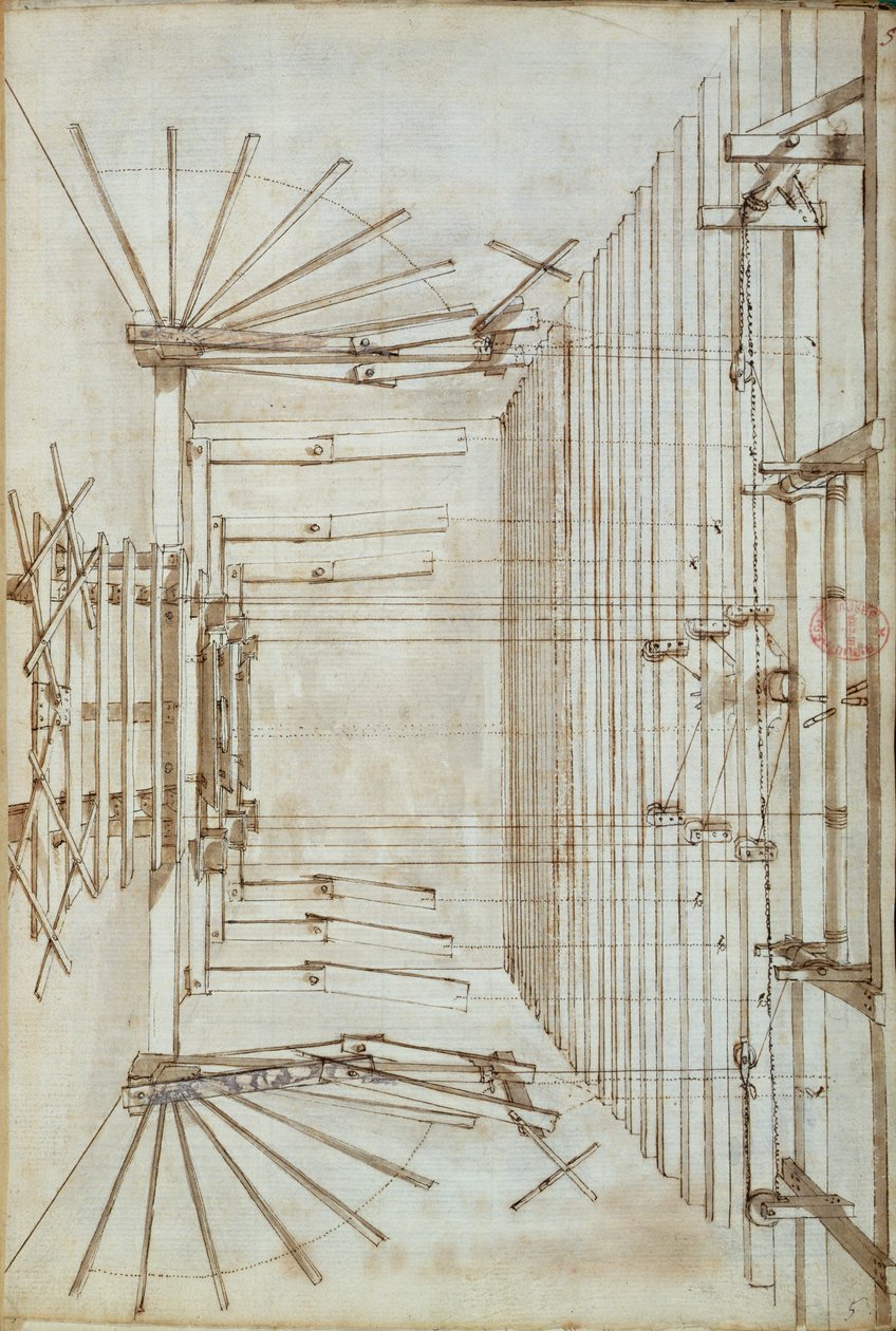 Máquinas de palco para as óperas no teatro San Salvatore em Veneza, 1675 (caneta e tinta no papel) de Italian School
