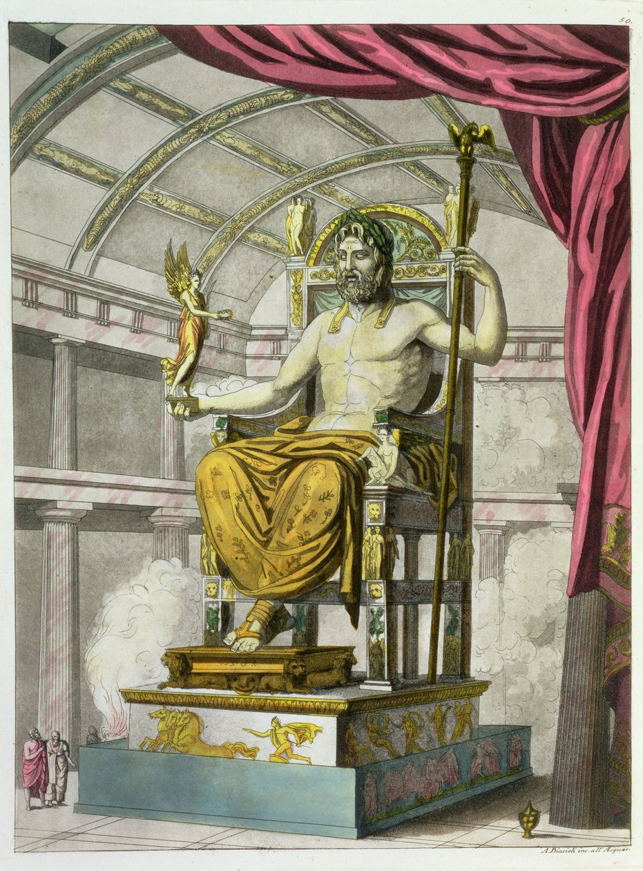 Estátua de Júpiter em um templo, de Costumi dei Romani, gravado por Angelo Biasioli (1790-1830), c.1805-20 (aquatint) de Italian School