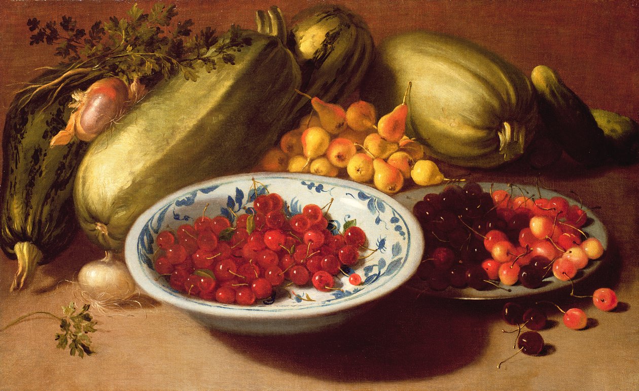 Ainda vida de cerejas, abóboras e peras de Italian School