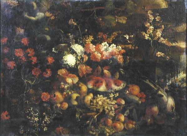 Natureza Morta com Fruta e Putti (óleo no painel) de Italian School