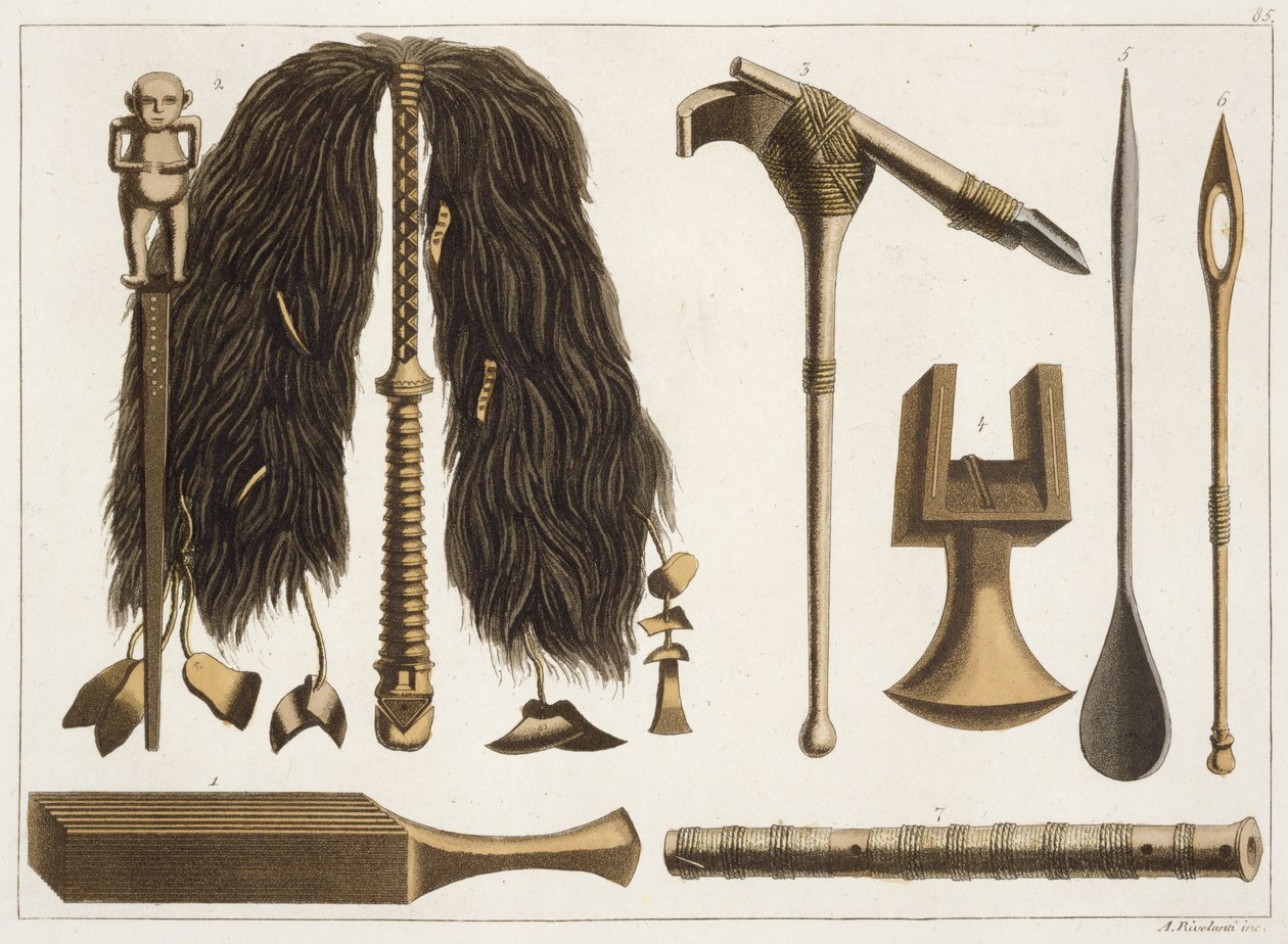 Ferramentas do Taiti e instrumentos cerimoniais, ilustração de uma coleção de livros de viagem do início do século XIX de Italian School
