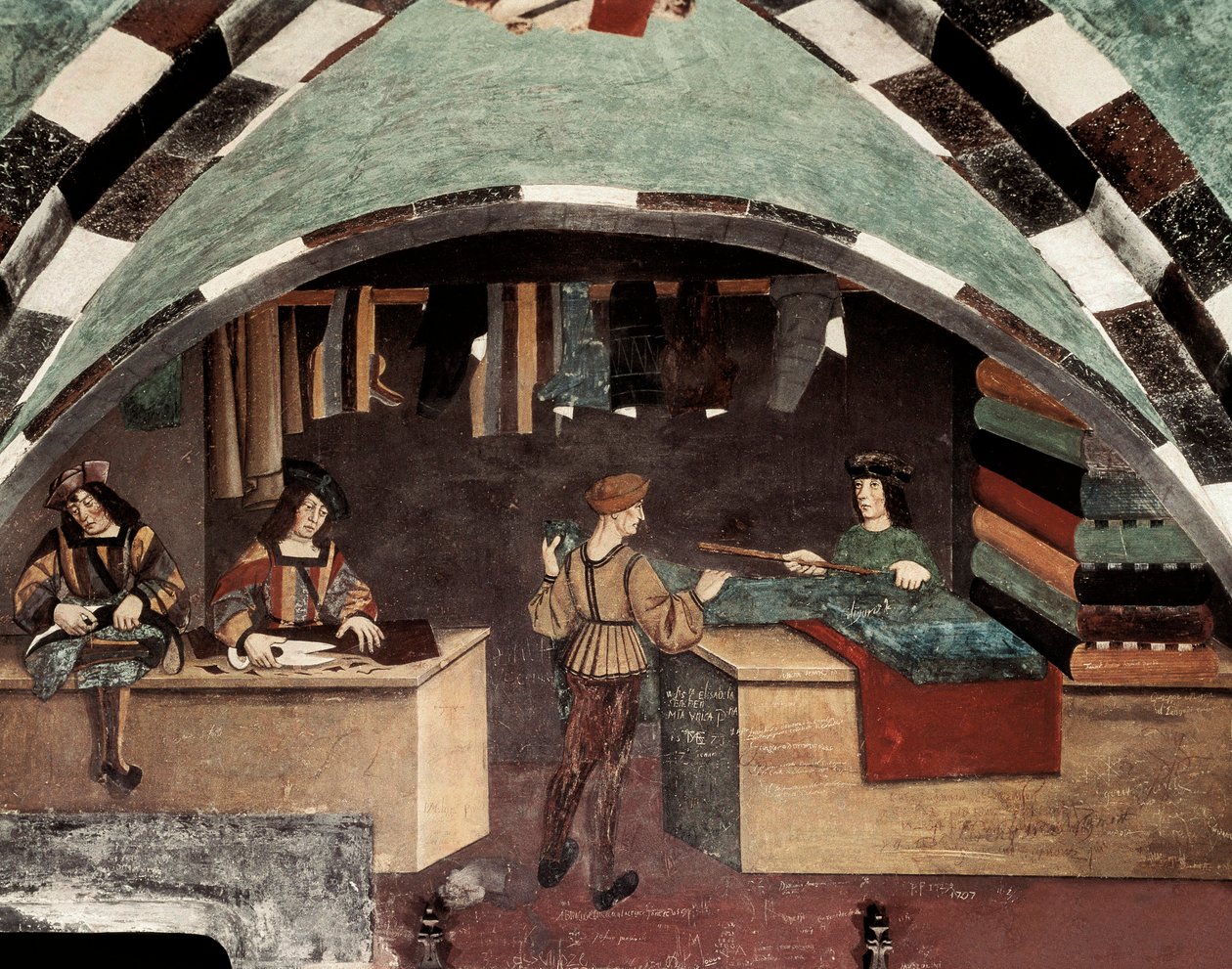 Loja à medida. Um homem está a coser, outro está a cortar o tecido e um terceiro está a vender o tecido a um cliente. Castelo de Fresco Issogne (século XV). de Italian School