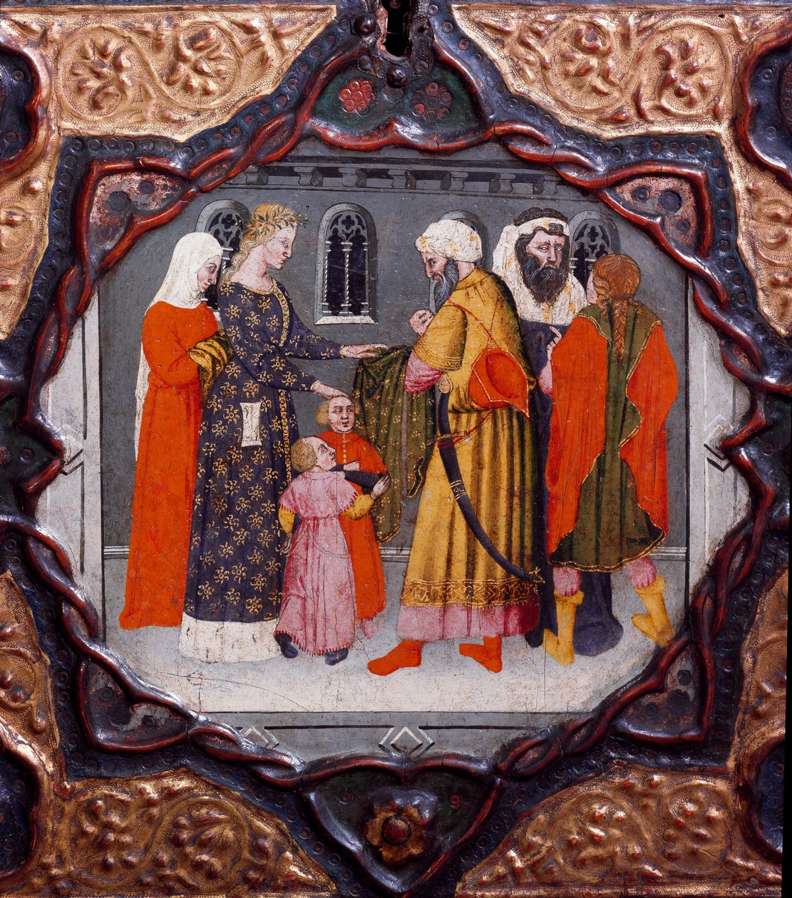 Décimo dia, nono noticiário: o dia de Messer Torello e Saladino (1138-1193) (Salah al Din Yusuf al-Ayyubi (al Ayyubi). Caixa pintada ilustrando o "Decameron" de Giovanni Boccaccio (Jean Boccaccio) (1313-1375). Século XV. Florença, Museo Nazionale del Ba de Italian School