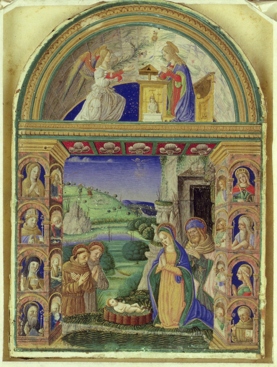 A Anunciação, A Adoração do Menino pela Virgem Maria, São José, Santo António de Pádua e São Francisco (vellum) de Italian School