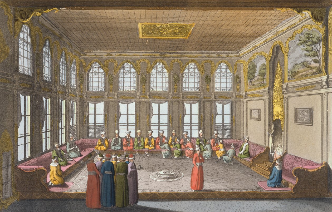 O Apartamento de um Ministro, placa 57 da Parte III, Volume I de "A História das Nações", gravado por V. Raineri (aquatint) de Italian School