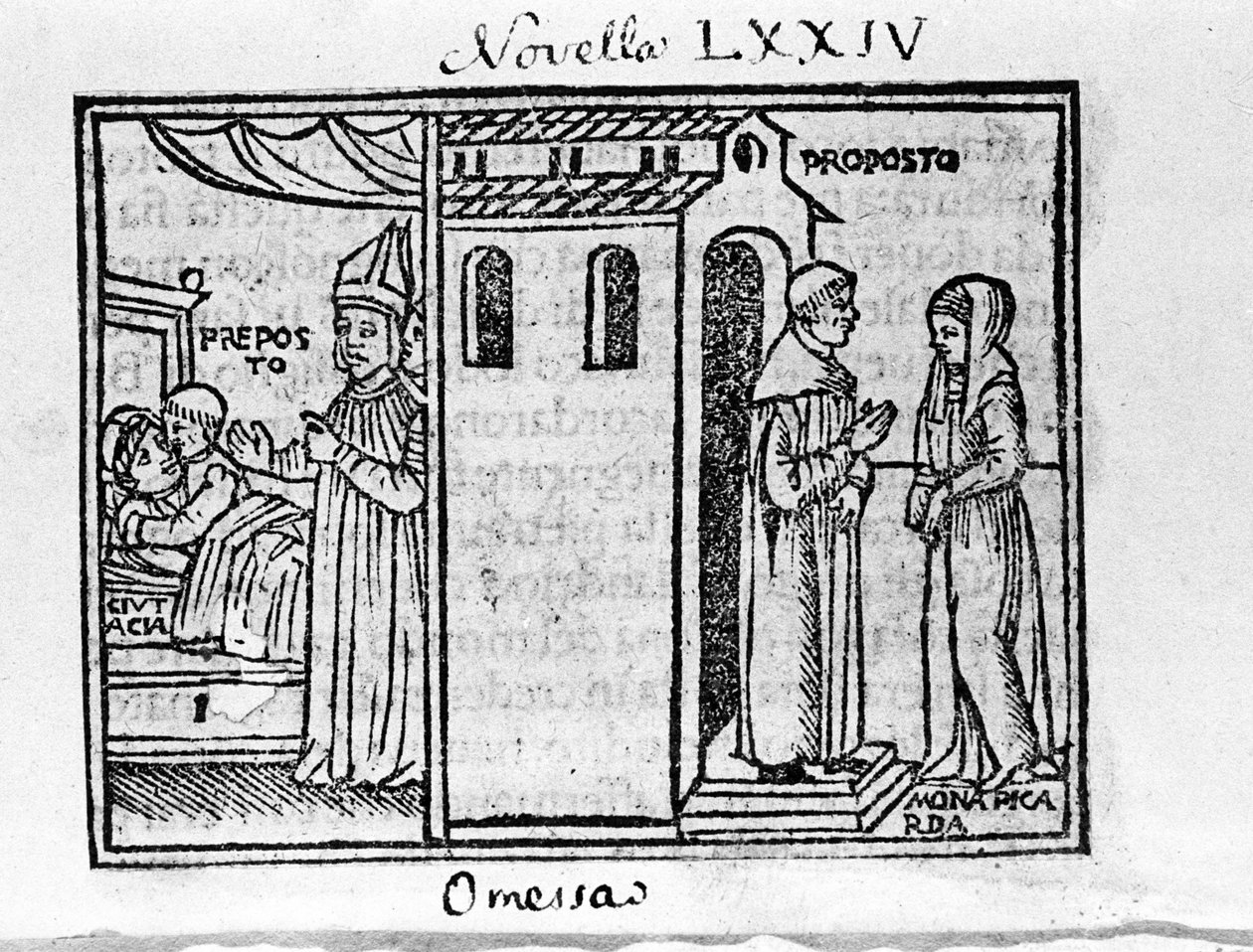 O Arcipreste de Florença surpreendido pela eveque quando conheceu a mulher que ele ama. Ilustração para a notícia 74 (Nova 4 do oitavo dia) do "Decameron" de Giovanni Boccaccio dit Jean Boccaccio (1313-1375), escritor italiano. Gravura em "Decamerone o de Italian School