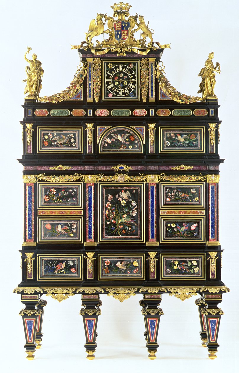 O Gabinete de Badminton, c.1720-32 (pietra dura, ébano e ormolu) de Italian School