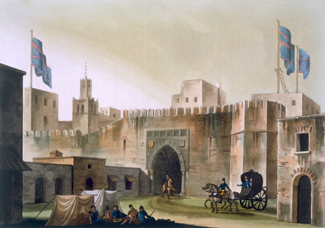 O Beb Kar, portão em Túnis, com europeus em shows puxados por cavalos, c.1820s-30s de Italian School