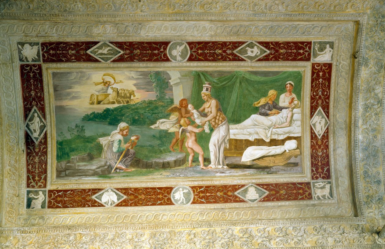 O nascimento de Memnon, pintura do teto na loggia do apartamento da Gruta (Jardim Secreto) 1534 de Italian School