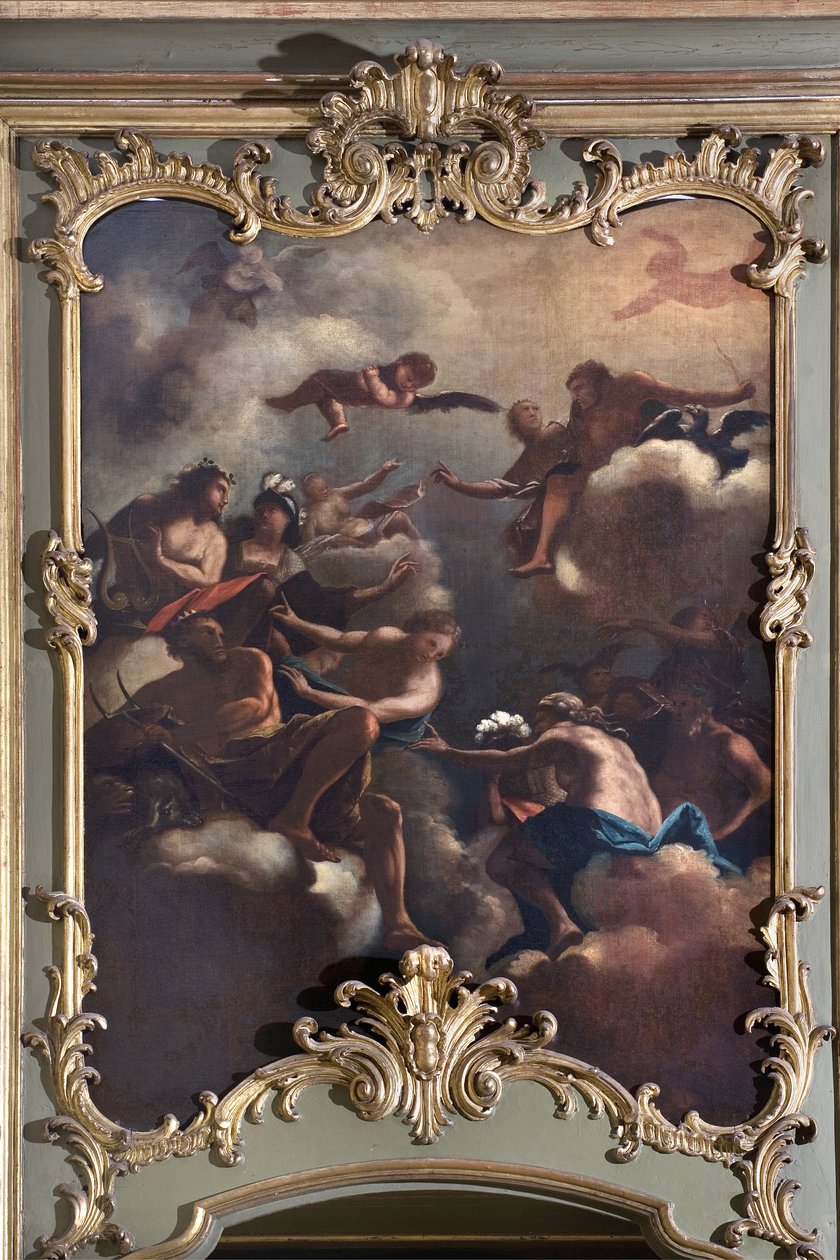 O Concílio dos Deuses: Zeus no Olimpo rodeia os divinitas. Pintura da Escola Italiana (século XVIII) de Italian School