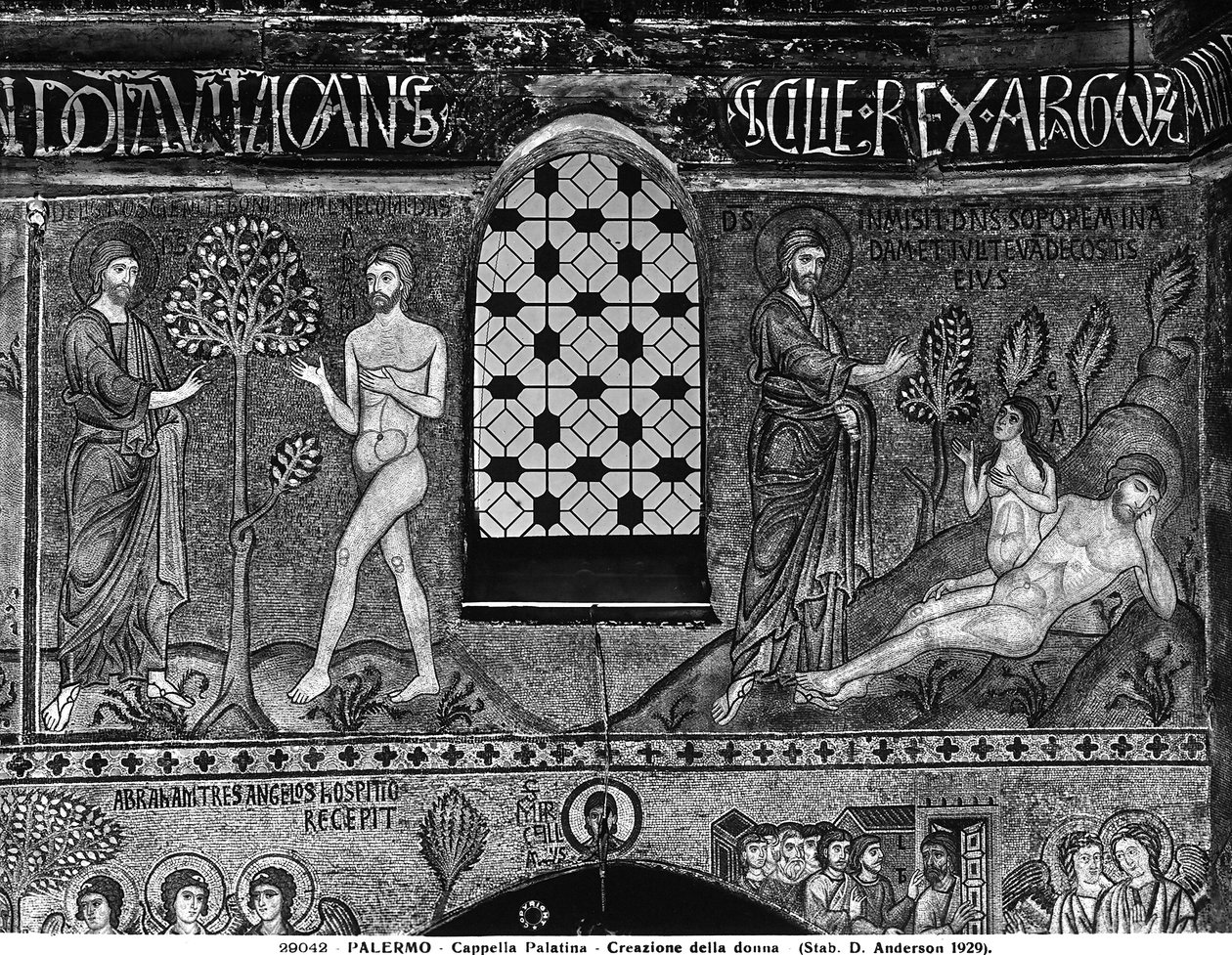 A criação do homem e da mulher (mosaico) de Italian School