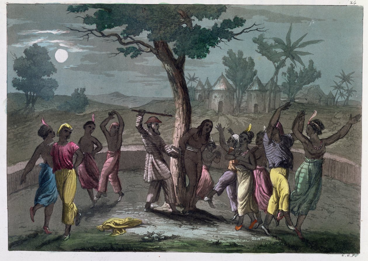 A Dança do Mombo-Jombo, segundo as viagens de Mungo Park, de A History of Costume de J. Ferrario, publicada em Milão, c.1820 de Italian School