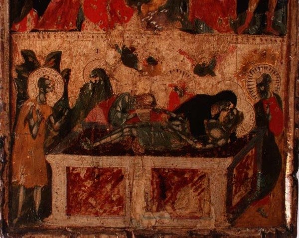 A Deposição de Cristo, metade inferior de um painel (ver também 78636) (painel) de Italian School