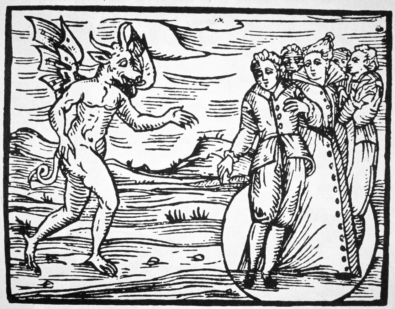 A evocação do diabo, cópia de uma ilustração do Compendium Maleticarum pelo padre M Guaccius, Milão 1608, usado em uma história da magia, publicado no final do século XIX de Italian School