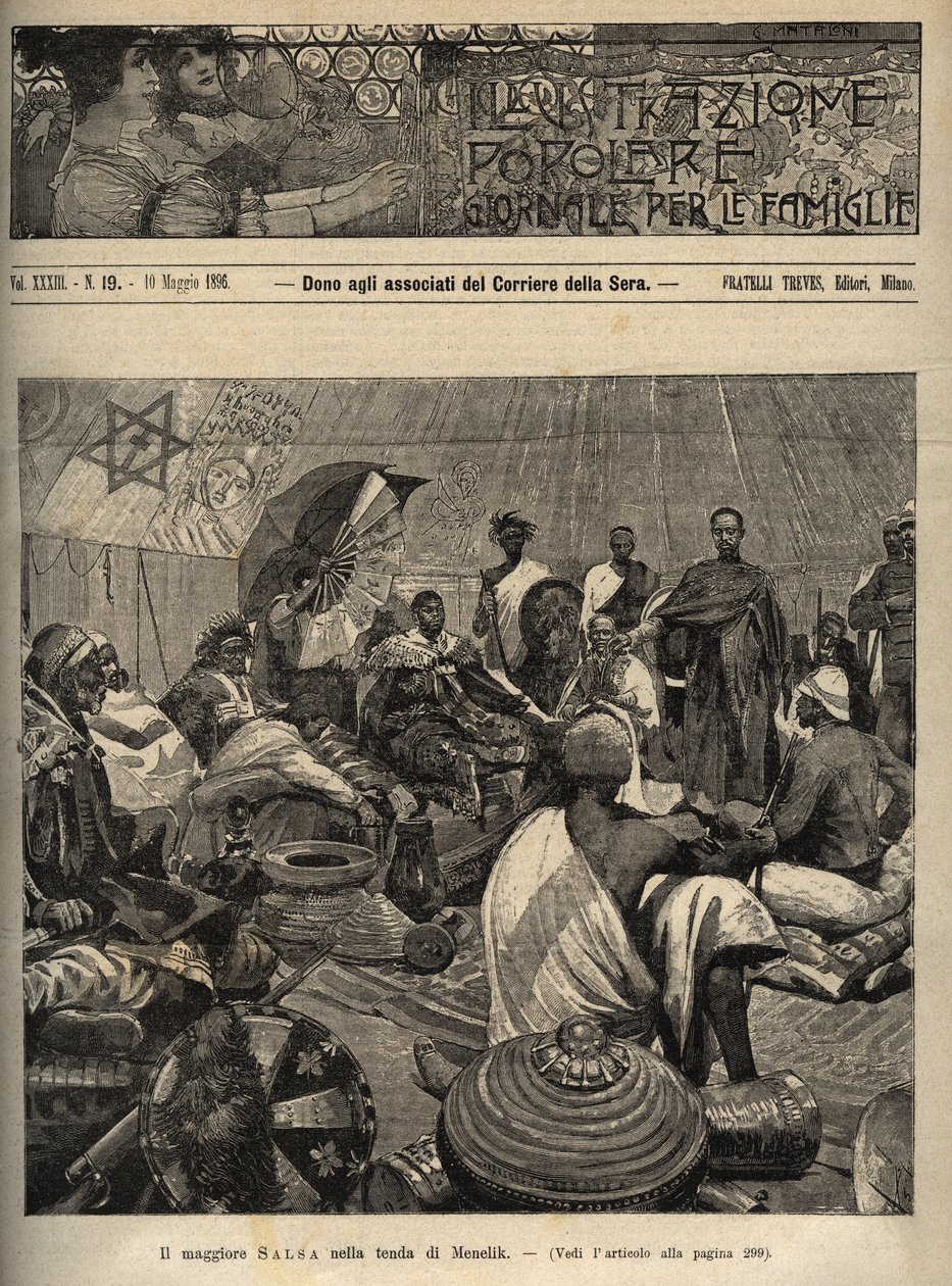 A Primeira Guerra Ítalo-Etiópica (1895-1896). Major Tommaso Salsa e Capitão Annibale Anghera perante o imperador da Etiópia Menelik II (1844-1913) - gravura de "illustrazione popolare - giornale per le famiglie - 1896 - As negociações para a paz com de Italian School