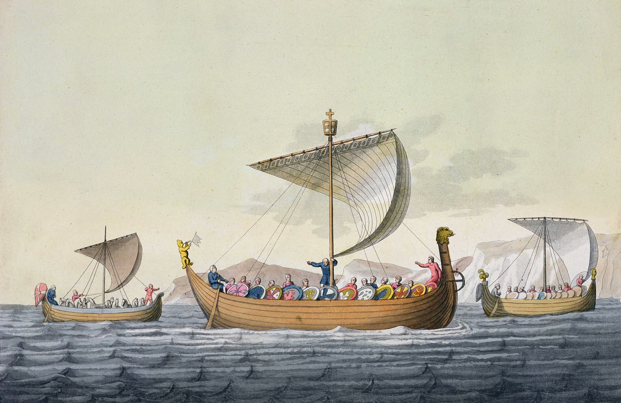 A Frota de Guilherme, o Conquistador, placa 8 da História das Nações (aquatint) de Italian School