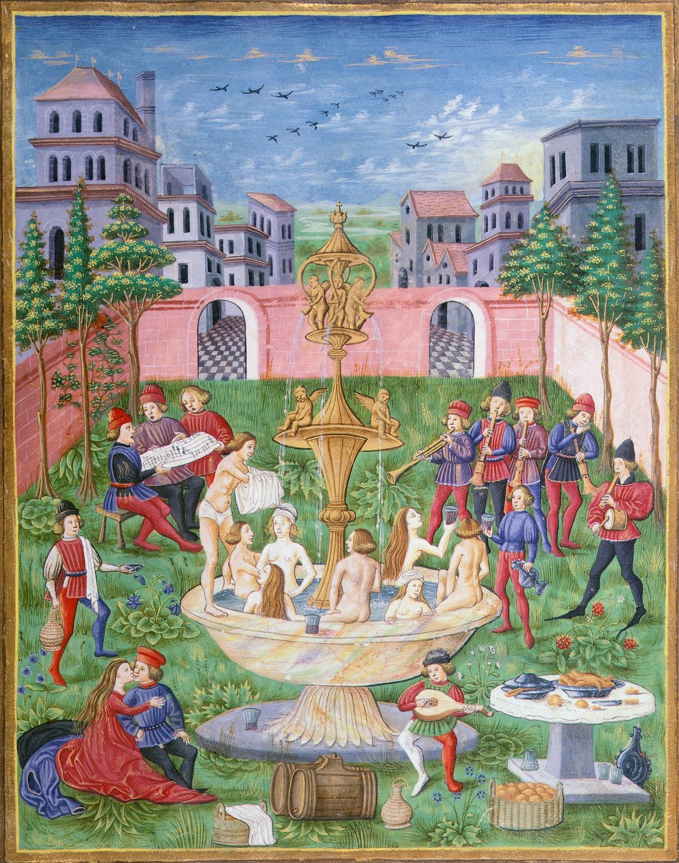 A Fonte da Vida: cantores e músicos em um jardim, miniatura de De Sphaera, de Leonardo Dati de Italian School