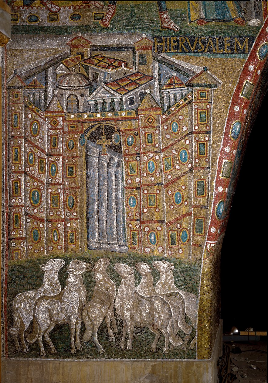 A Porta de Jerusalém com cordeiros que simbolizam os Apóstolos (mosaico) de Italian School