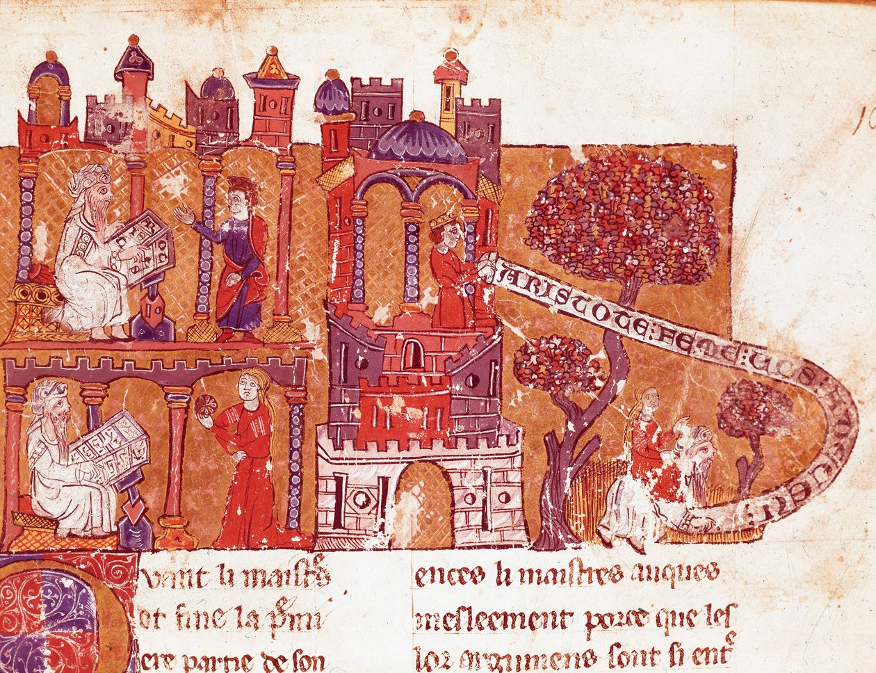O filósofo grego Aristóteles (383-322 a.C.) ensina aos seus alunos moralidade e desprezo pelas mulheres (mysoginia) Miniatura de um manuscrito italiano do século XIV. Bibliotheque Inguimbertine Municipal de Carpentras. de Italian School