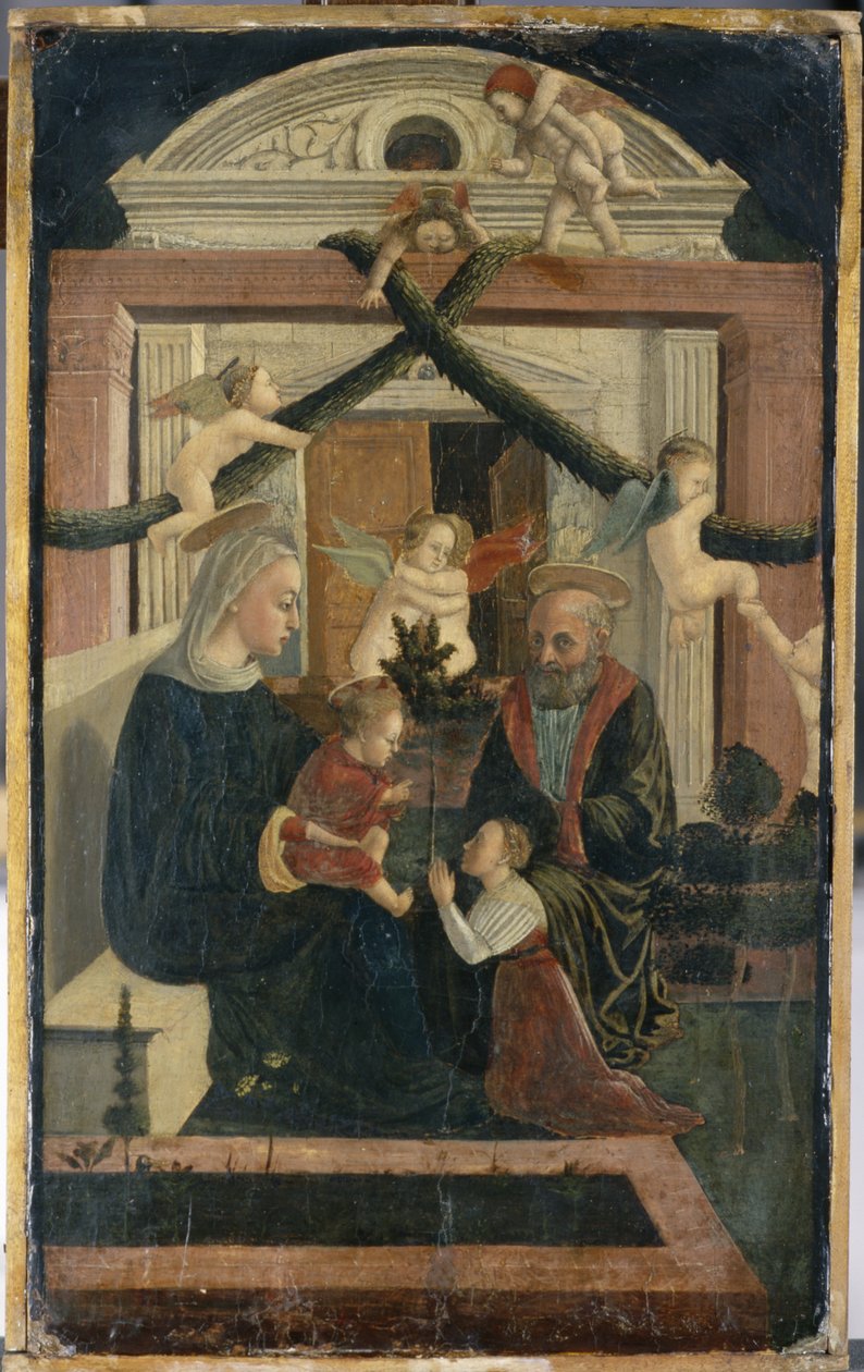 A Sagrada Família com doador em oração e brincando de anjos, c.1460 (tempera em madeira de pinho) de Italian School