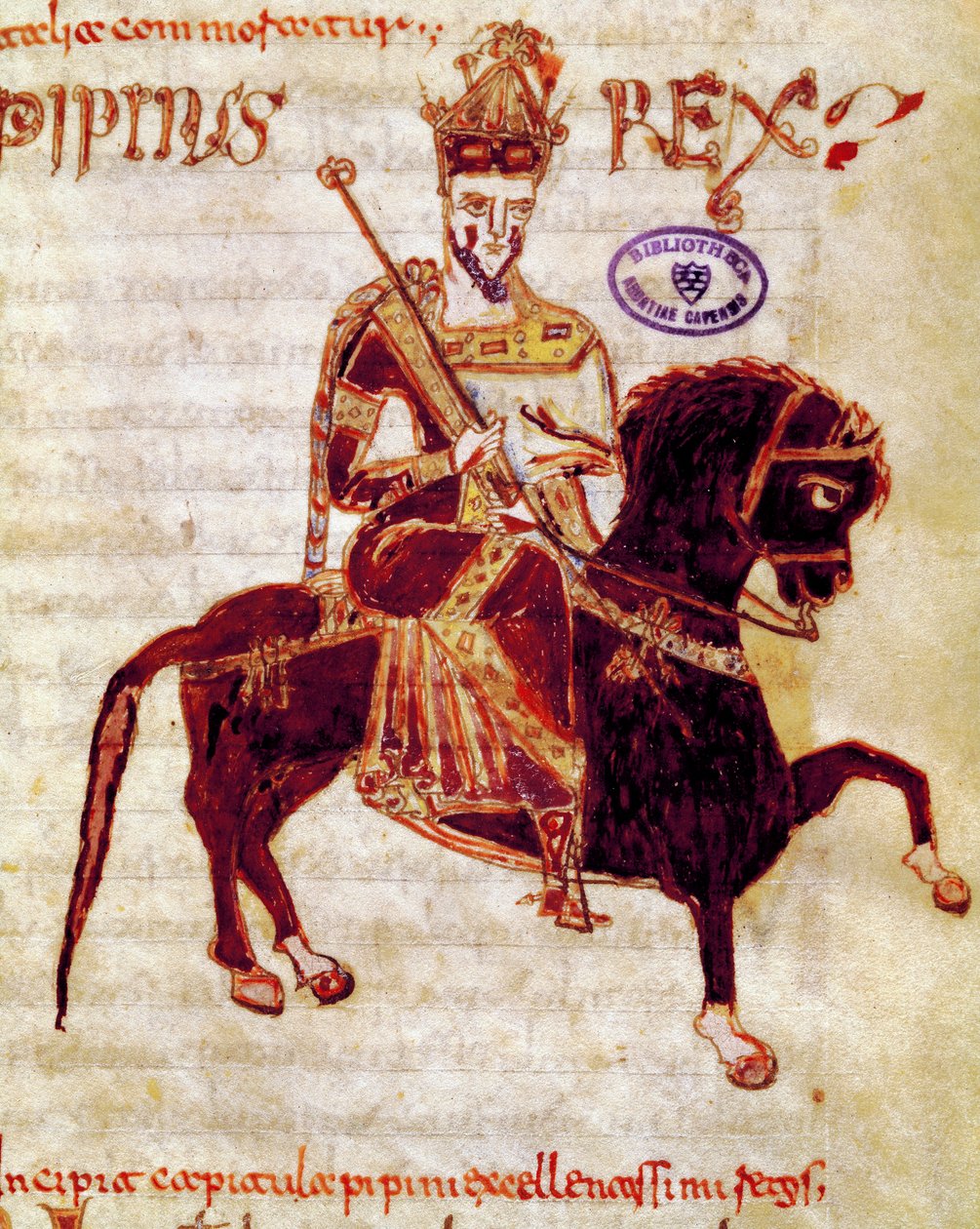 O Rei dos Francos Pepin the Brief (715-768) Página do manuscrito (ms. 4) "Codex Legum Longobardorum" (ou Langobardorum) descrevendo as leis do reino Lombardo estabelecidas pelo Rei Rothari de Italian School