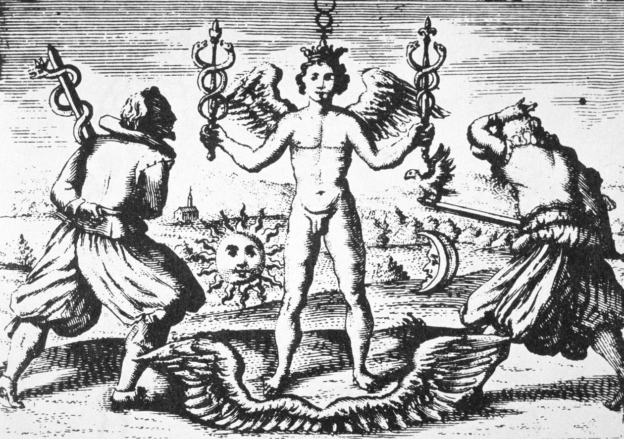 O Mercúrio dos Filósofos, de Della Tramutatione Metallica de Giovanni Battista Nazari (1589) ilustrado em uma história da magia publicada no final do século XIX de Italian School