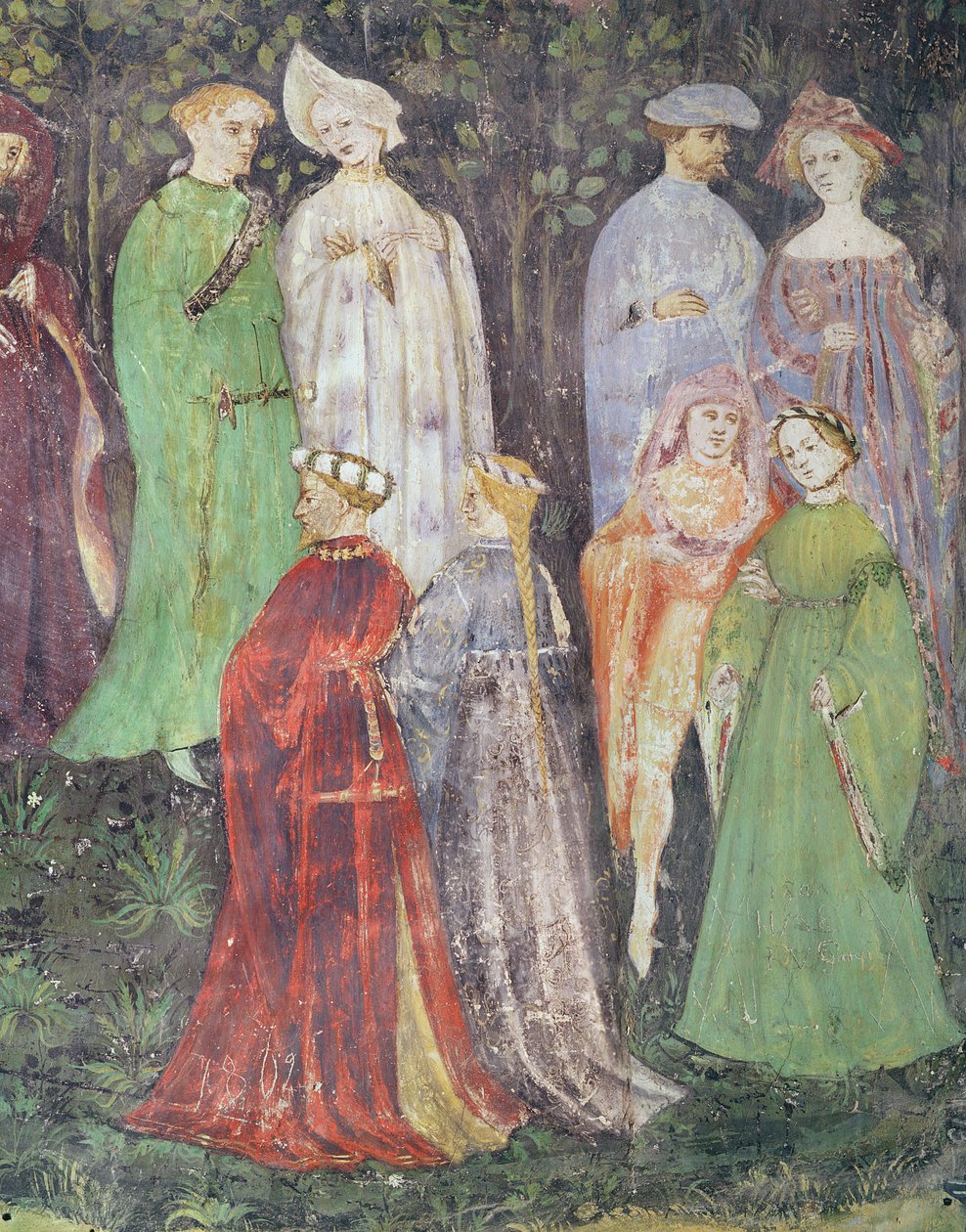 O Mês de Junho, detalhe da caminhada de homens e mulheres nobres, c.1400 (fresco) de Italian School