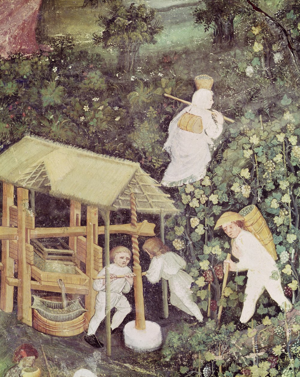O Mês de Outubro, detalhe dos apanhadores de uvas a prensar uvas, c.1400 (fresco) de Italian School