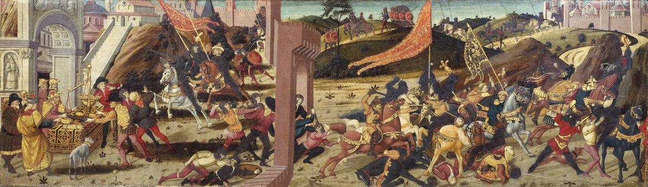 O Morelli Cassone representando os gauleses derrotados por Marcus Furius Camillus (painel principal) de Italian School