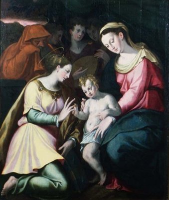 O Casamento Místico de Santa Catarina, c.1600 (painel) de Italian School