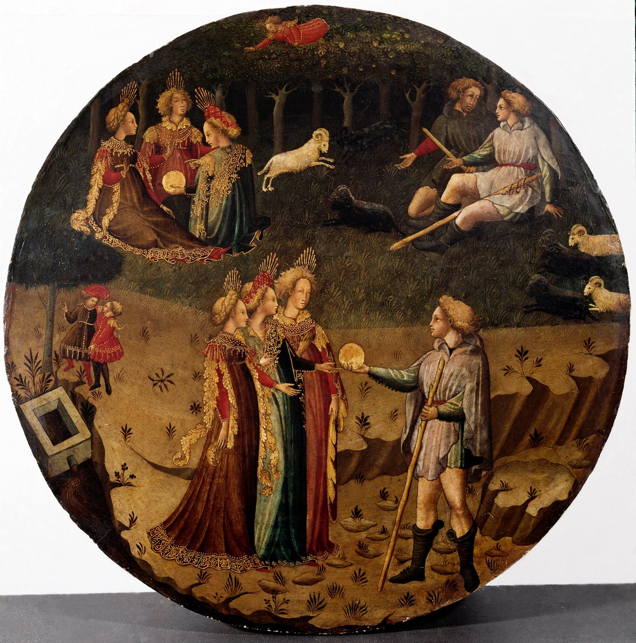 O acórdão de Paris. O pastor Paris tem de escolher quem vai dar a maçã dourada para desenhar a mais bela das três deusas, Atena, Afrodite ou Hera. Pintura da escola italiana da Florença do século XV, Museo Nazionale del Bargello de Italian School