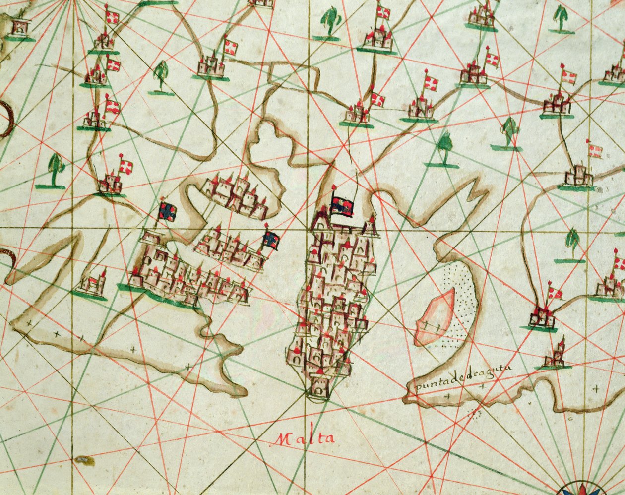 O porto de La Valletta, de um atlas náutico, 1646 (tinta aveludada) (detalhe de 330944) de Italian School