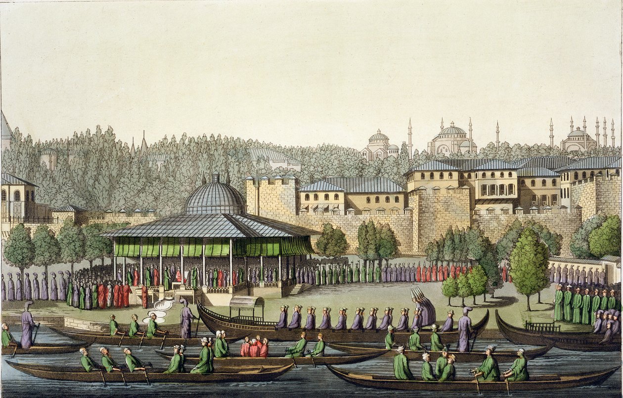A Apresentação do Almirante ao Sultão, placa 14 da Parte III, Volume I de A História das Nações, gravada por Giacomo Bussi, c.1820 (aquatint) de Italian School