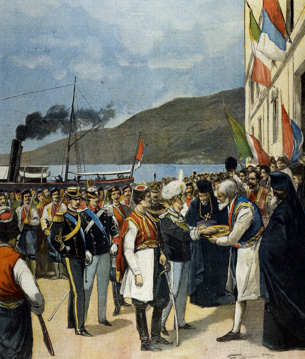 O Príncipe de Nápoles - então Victor Emmanuel III (Victor-Emmanuel) (Vittorio Emanuele) - recebe em Rijeka, de acordo com a tradição, pão e sal da família de Helene de Montenegro. de Italian School