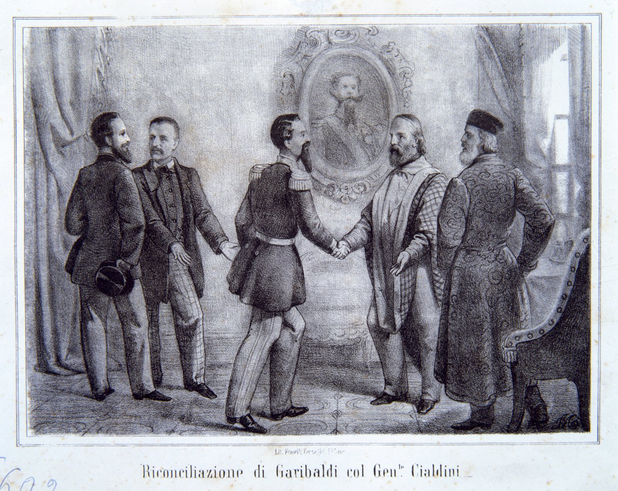 A Reconciliação de Garibaldi com o General Cialdini, ilustração da História da Itália de Italian School