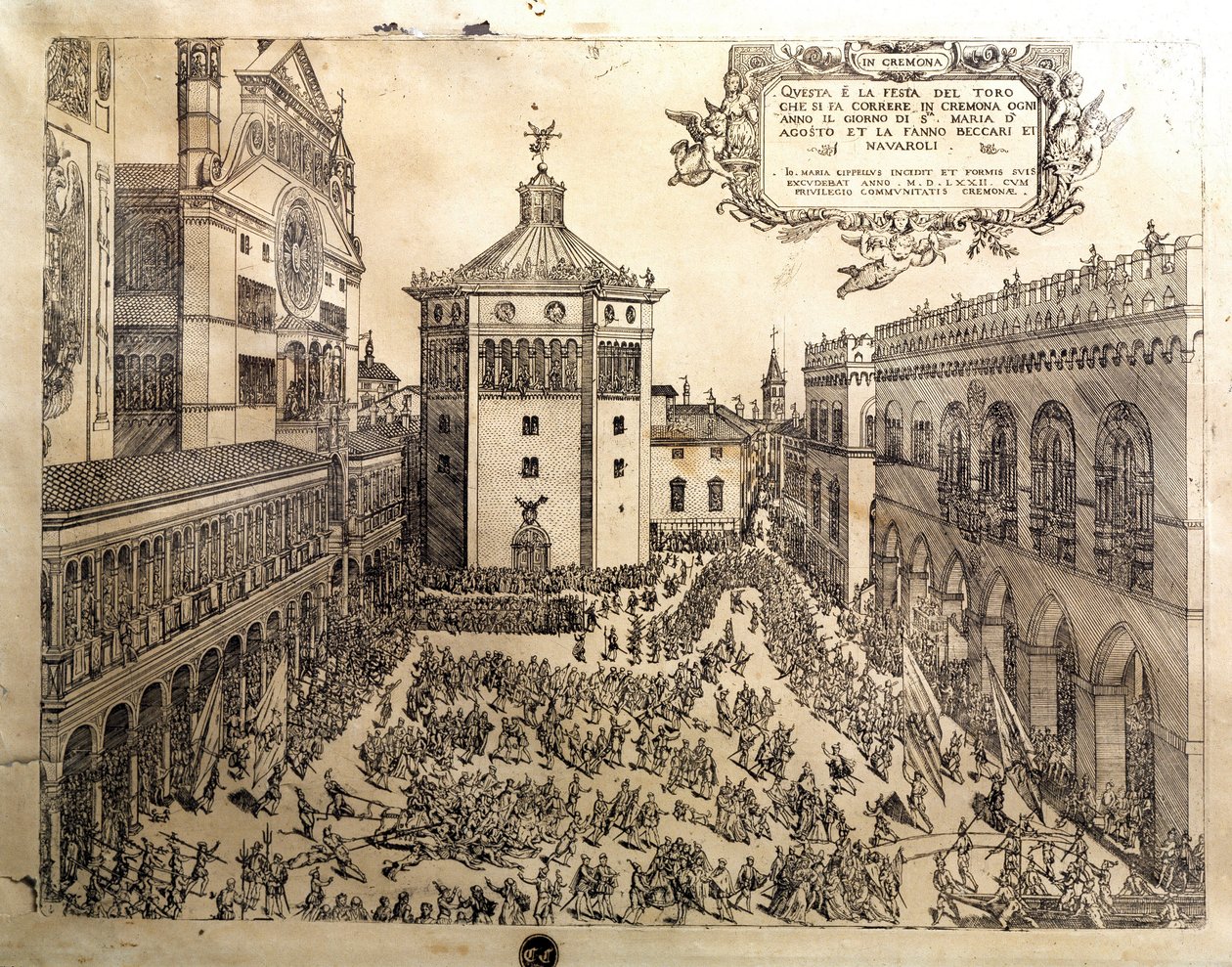 A festa do Taurus na Grande Praça de Cremone (Cremona), na Itália. Gravura de Cremona do século XVI, Museo Civico Itália de Italian School