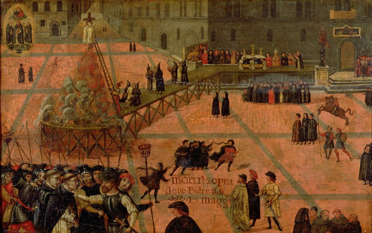 A Tortura de Savonarola (1452-98) (óleo sobre painel) de Italian School