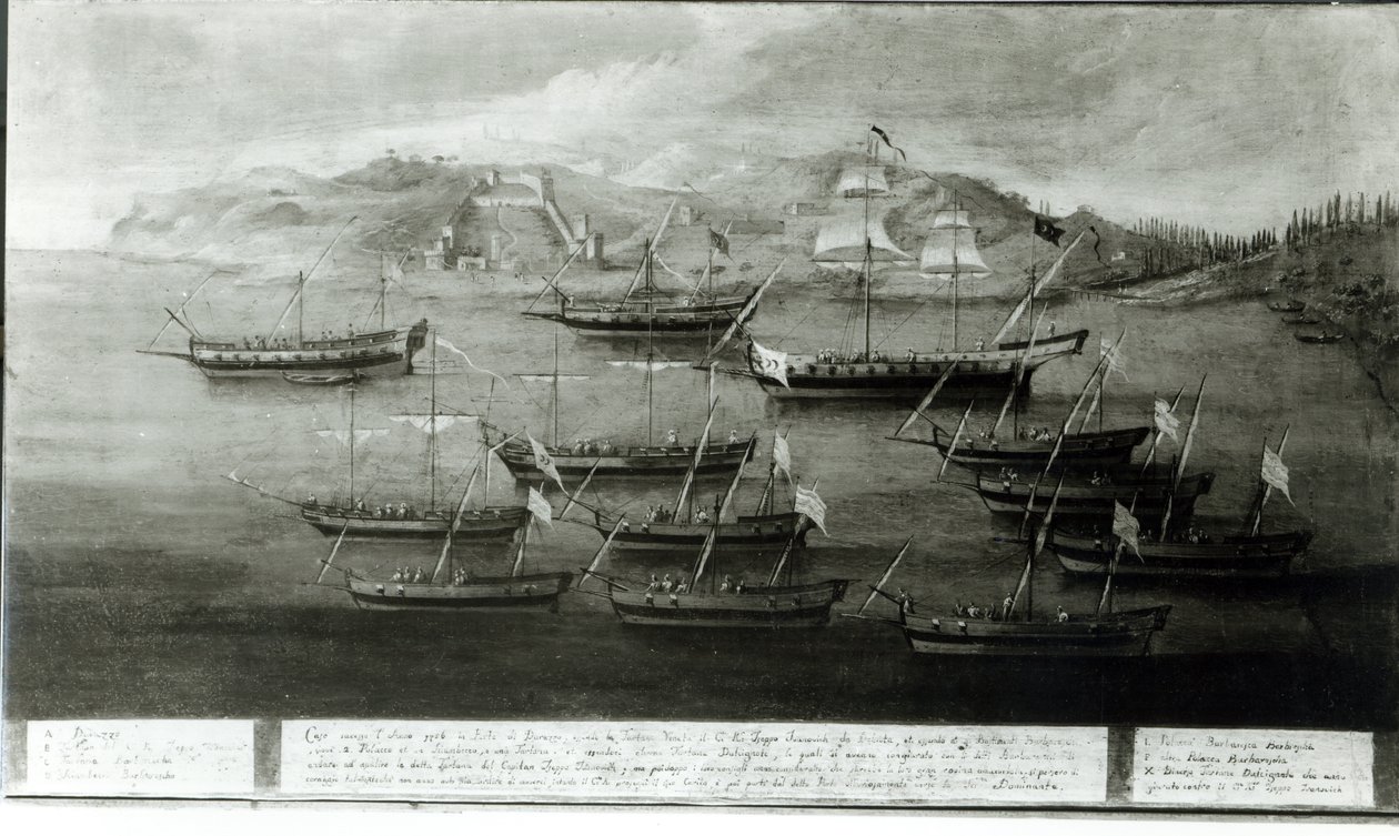 A frota veneziana liderada pelo capitão Ivanovich da Dabrota contra os piratas turcos em Durazzo, 1756 de Italian School