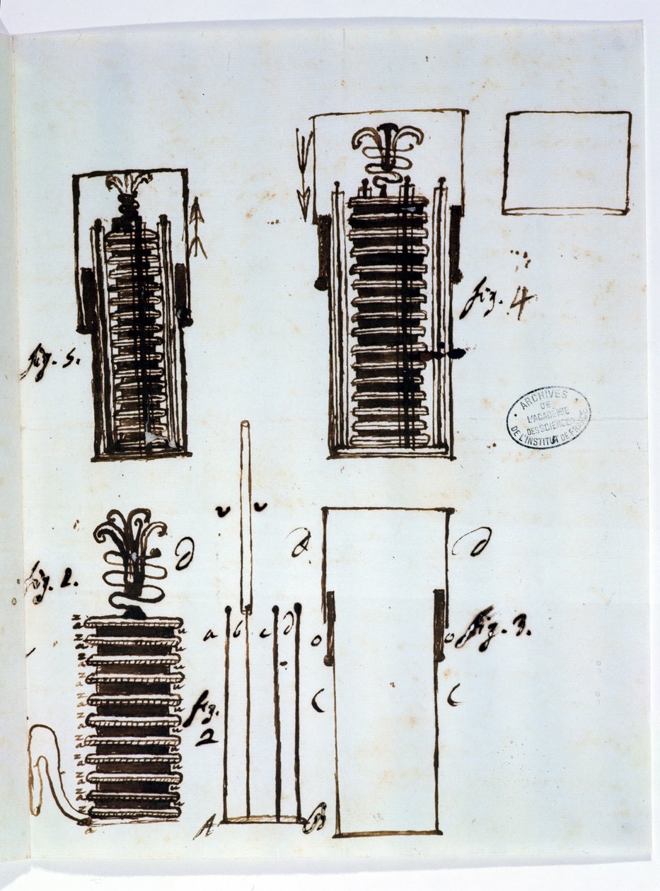 A pilha voltaica (bateria). Desenho de uma carta de Alessandro Volta (1745-1827) para Dieudonne Dolomieu (1750-1801) sobre galvanismo, 1801 (caneta e tinta sobre papel) de Italian School